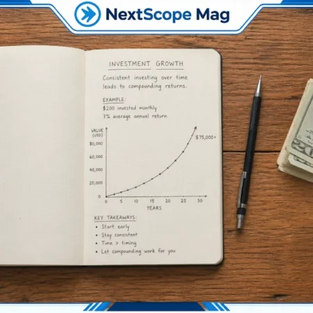 Handwritten investment notes on a wooden desk showing a simple upward growth chart — representing discommercified investment strategies for everyday investors.