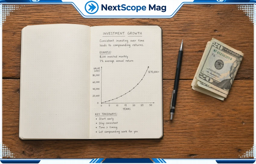 Handwritten investment notes on a wooden desk showing a simple upward growth chart — representing discommercified investment strategies for everyday investors.