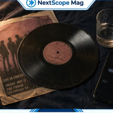 Vinyl record and cracked phone on dark navy surface with soft amber light, representing the emotional themes of Soft Love by The Symposium