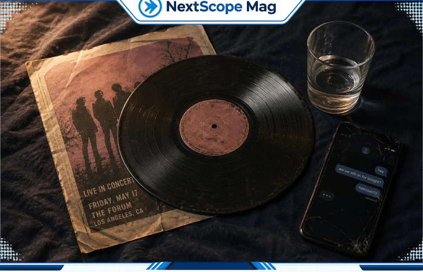 Vinyl record and cracked phone on dark navy surface with soft amber light, representing the emotional themes of Soft Love by The Symposium