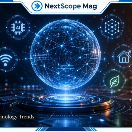 Futuristic holographic sphere with AI, quantum, and smart icons showing what new technology is coming Scookietech in 2026