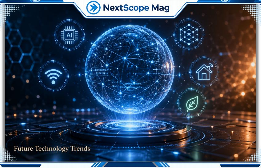 Futuristic holographic sphere with AI, quantum, and smart icons showing what new technology is coming Scookietech in 2026
