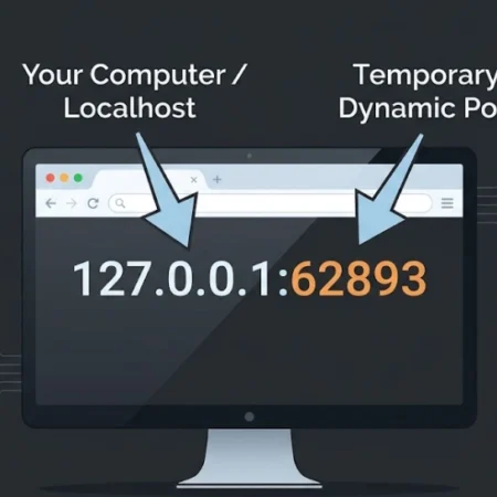 Diagram explaining 127.0.0.1:62893 — localhost loopback address and dynamic port number on a local computer