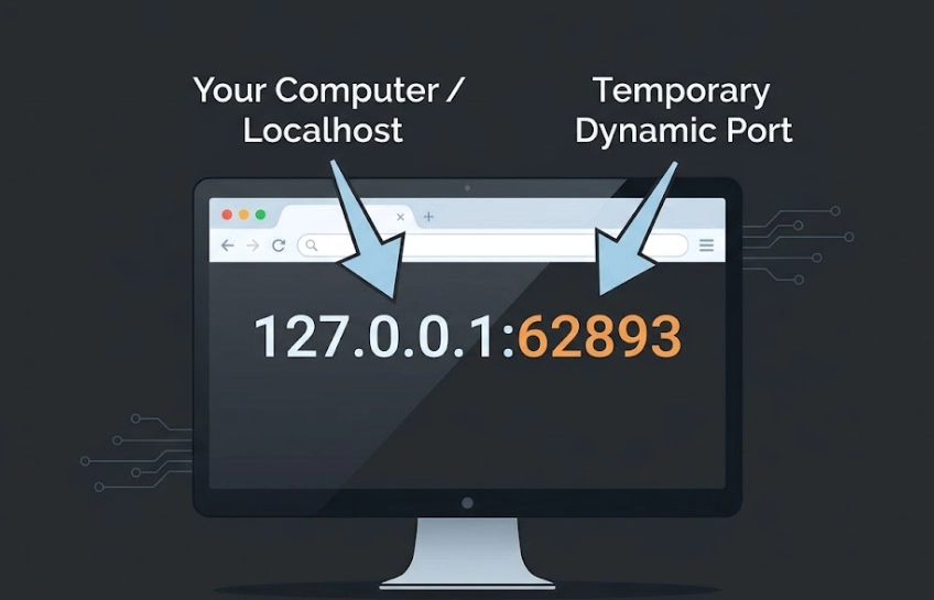 Diagram explaining 127.0.0.1:62893 — localhost loopback address and dynamic port number on a local computer
