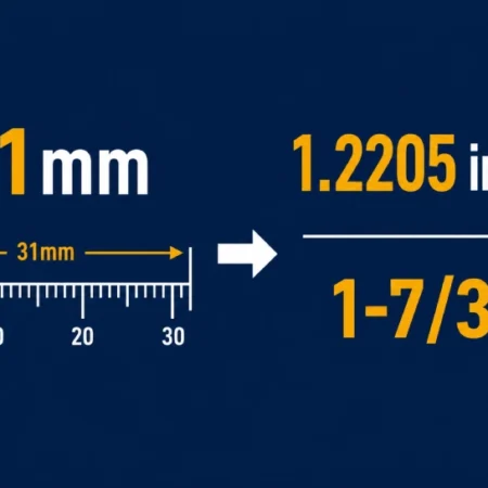 31mm to inches conversion chart showing exact decimal value 1.2205 and fractional inch equivalent 1-7/32