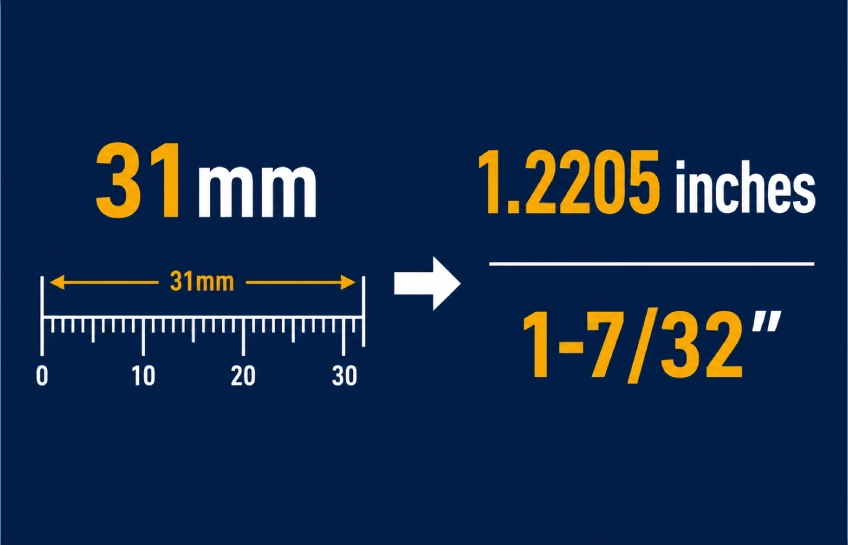 31mm to inches conversion chart showing exact decimal value 1.2205 and fractional inch equivalent 1-7/32