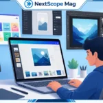Beginner using Canva-style templates, Figma layout, and Adobe Photoshop on a laptop to design social media graphics in a modern workspace (2026)