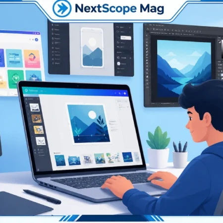 Beginner using Canva-style templates, Figma layout, and Adobe Photoshop on a laptop to design social media graphics in a modern workspace (2026)