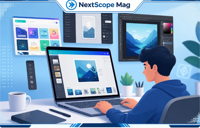 Beginner using Canva-style templates, Figma layout, and Adobe Photoshop on a laptop to design social media graphics in a modern workspace (2026)
