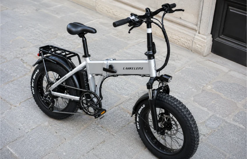 Bikesly folding fat-tire e-bike with 20-inch aluminum frame on a city street