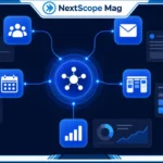 Business tool integration diagram showing connected software apps including CRM, email, project management, and analytics on a dark digital background.
