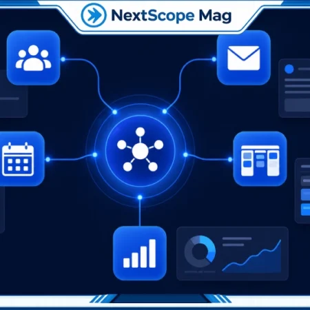 Business tool integration diagram showing connected software apps including CRM, email, project management, and analytics on a dark digital background.