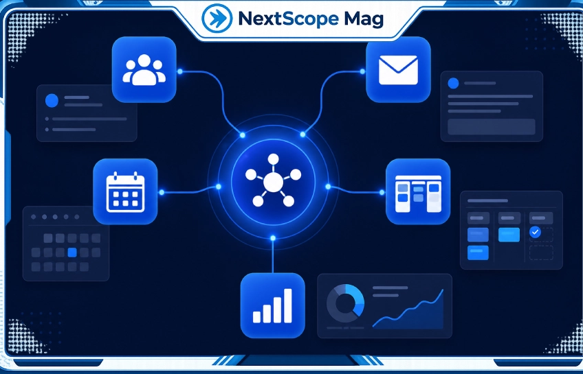 Business tool integration diagram showing connected software apps including CRM, email, project management, and analytics on a dark digital background.