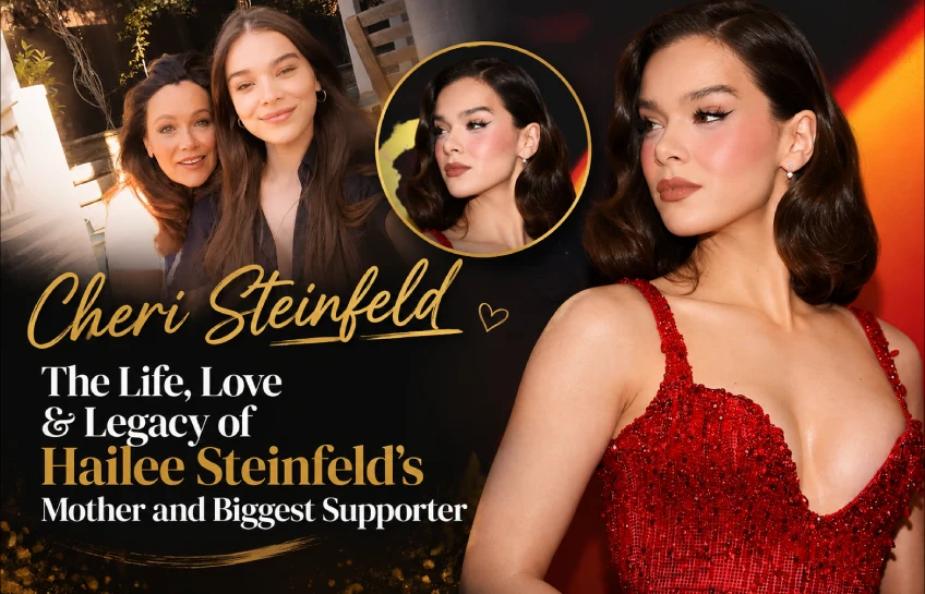 Cheri Steinfeld with Hailee Steinfeld in a lifestyle collage highlighting family, legacy, and personal life