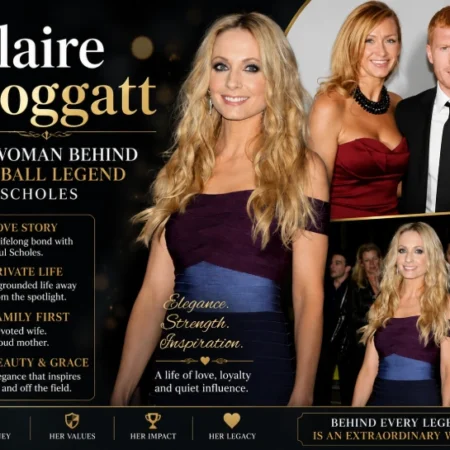 Claire Froggatt infographic featuring photos with Paul Scholes, highlighting her love story, family life, and private legacy