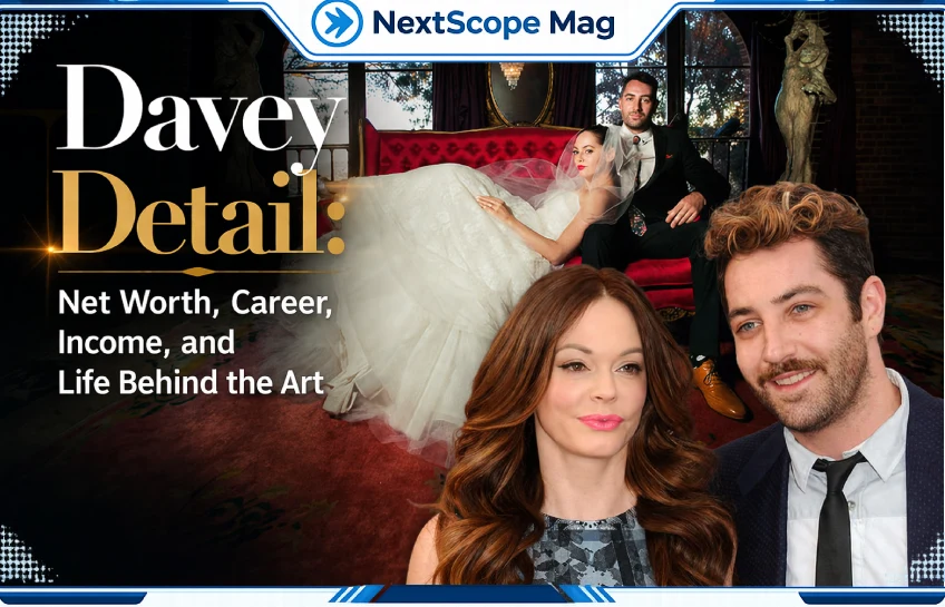 Davey Detail and Rose McGowan together, with their wedding photo in the background — Net Worth, Career, Income, and Life Behind the Art