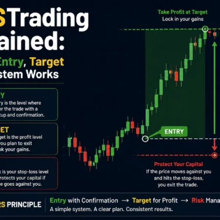 ETRSTrading explained infographic showing the Entry, Target, and Risk System with a candlestick chart illustrating entry point, profit zone, and stop-loss level