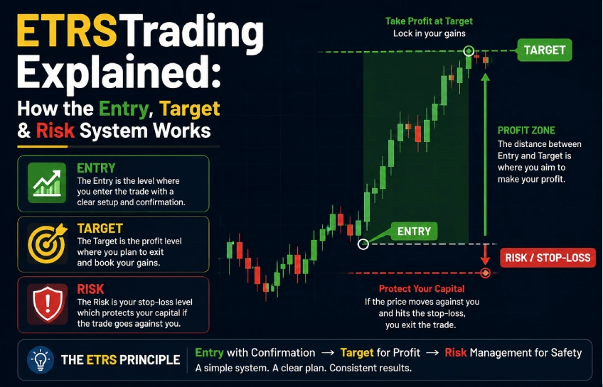 ETRSTrading explained infographic showing the Entry, Target, and Risk System with a candlestick chart illustrating entry point, profit zone, and stop-loss level