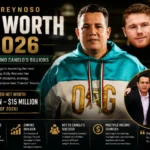 Eddy Reynoso Net Worth 2026 infographic featuring Eddy Reynoso and Canelo Álvarez, with estimated net worth of $10 million to $15 million, highlighting his career as world-class trainer, empire builder, and manager of elite boxing prospects.