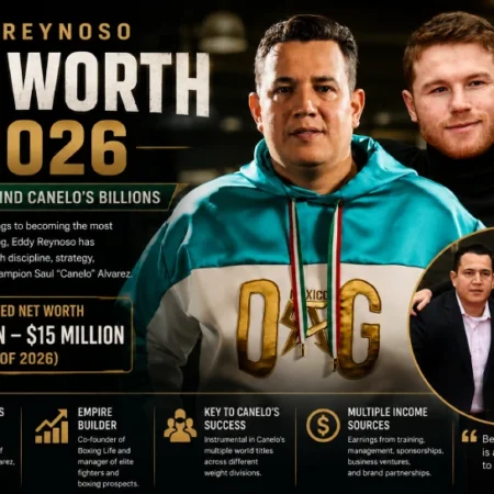 Eddy Reynoso Net Worth 2026 infographic featuring Eddy Reynoso and Canelo Álvarez, with estimated net worth of $10 million to $15 million, highlighting his career as world-class trainer, empire builder, and manager of elite boxing prospects.