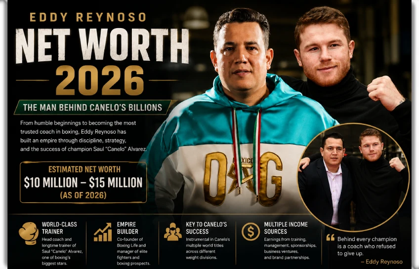 Eddy Reynoso Net Worth 2026 infographic featuring Eddy Reynoso and Canelo Álvarez, with estimated net worth of $10 million to $15 million, highlighting his career as world-class trainer, empire builder, and manager of elite boxing prospects.
