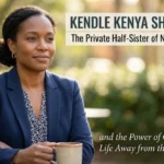 An editorial portrait of a poised Black woman holding a coffee cup, representing Kendle Kenya Sherman, the private half-sister of NeNe Leakes, in a serene outdoor setting.