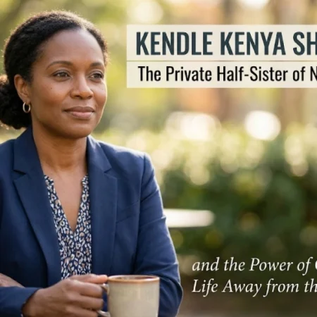 An editorial portrait of a poised Black woman holding a coffee cup, representing Kendle Kenya Sherman, the private half-sister of NeNe Leakes, in a serene outdoor setting.