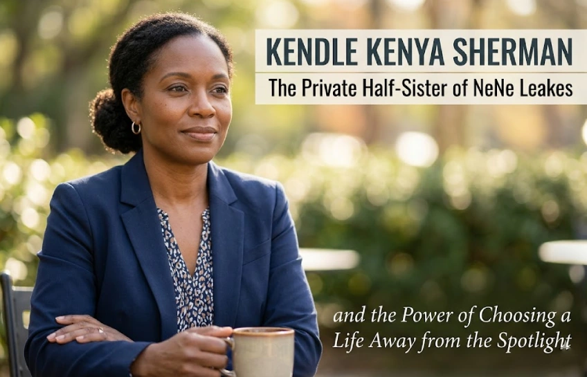 An editorial portrait of a poised Black woman holding a coffee cup, representing Kendle Kenya Sherman, the private half-sister of NeNe Leakes, in a serene outdoor setting.