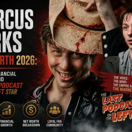 Marcus Parks smiling while holding a blood-stained cowboy hat, alongside a candid photo of him speaking into a microphone, with text highlighting his 2026 net worth and his role in The Last Podcast on the Left, featuring icons for podcast success, financial growth, net worth breakdown, and loyal fan community.