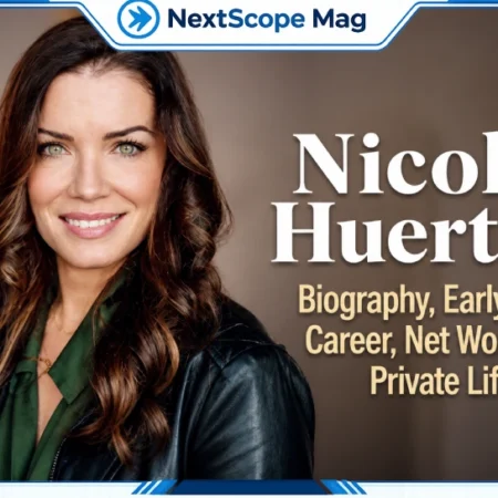 Nicole Huertas smiling portrait with editorial thumbnail design featuring biography, early life, career, net worth, and private life title