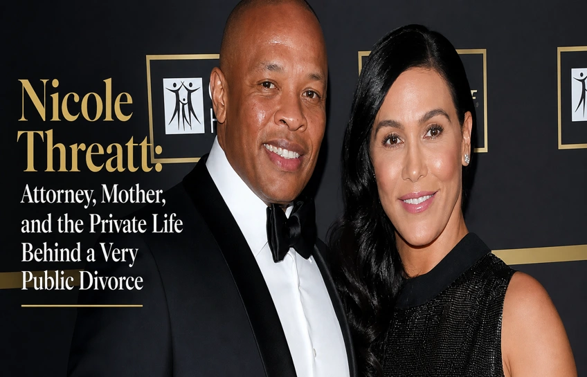 Nicole Threatt and Dr. Dre at a formal event, featured image for the article on her legal career, marriage, and high-profile divorce.