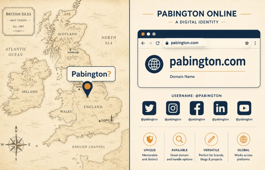 Illustrated comparison of Pabington as a digital identity term versus Paddington as a real London district, shown against a stylized British map background