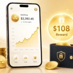 Digital gold platform showing $108 registration reward with rising gold price chart on a smartphone screen