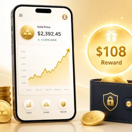 Digital gold platform showing $108 registration reward with rising gold price chart on a smartphone screen