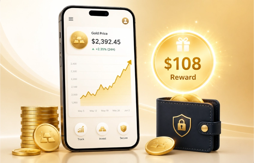 Digital gold platform showing $108 registration reward with rising gold price chart on a smartphone screen