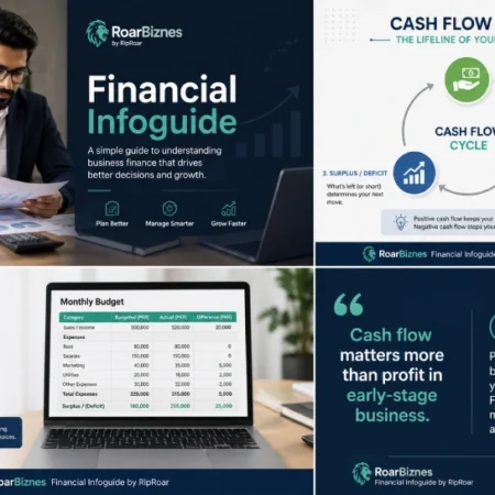 RoarBiznes Financial Infoguide by RipRoar showing business owner reviewing financial documents, cash flow cycle diagram, budgeting spreadsheet, and key financial tips