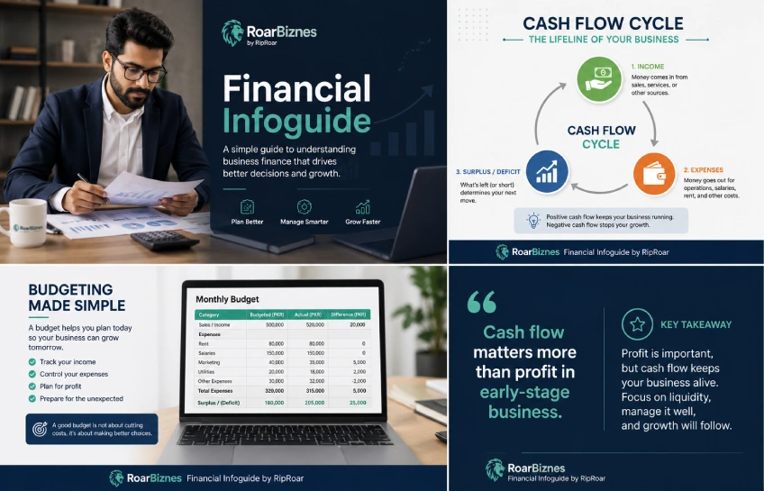 RoarBiznes Financial Infoguide by RipRoar showing business owner reviewing financial documents, cash flow cycle diagram, budgeting spreadsheet, and key financial tips