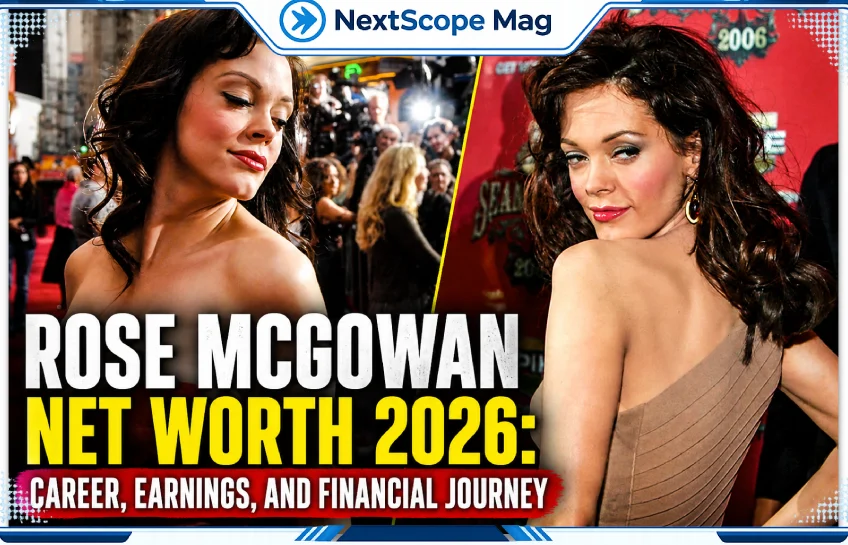 Rose McGowan red carpet collage thumbnail showing her in glamorous outfits with bold text “Net Worth 2026: Career, Earnings, and Financial Journey”