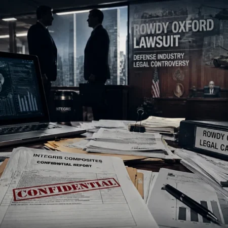 Illustration representing the rowdy oxford lawsuit with legal documents and defense industry themes