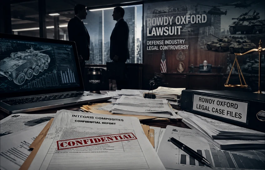 Illustration representing the rowdy oxford lawsuit with legal documents and defense industry themes