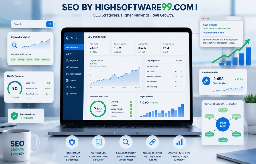 SEO by HighSoftware99.com I showing technical SEO optimization and search ranking growth