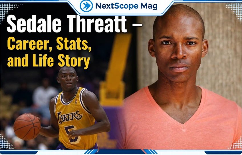 Sedale Threatt career overview thumbnail featuring Lakers basketball action shot and portrait image highlighting stats and life story