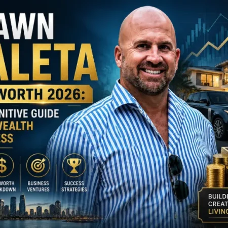 Shawn Kaleta smiling in a striped shirt with luxury car, house, and money graphics illustrating his net worth and financial success in 2026