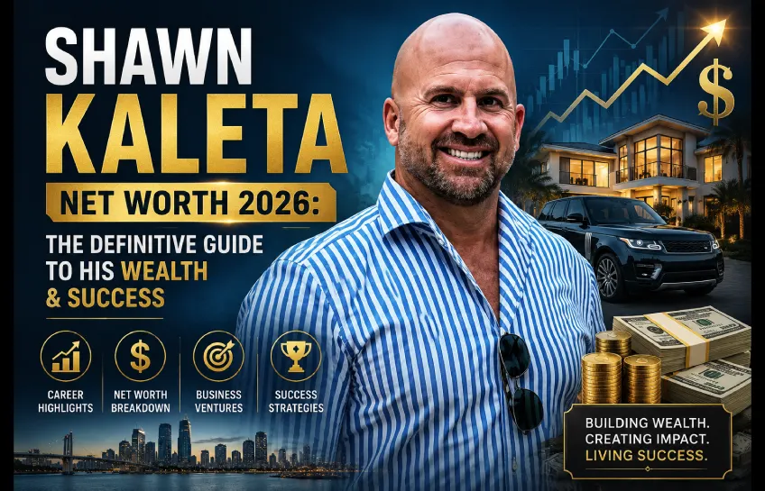 Shawn Kaleta smiling in a striped shirt with luxury car, house, and money graphics illustrating his net worth and financial success in 2026