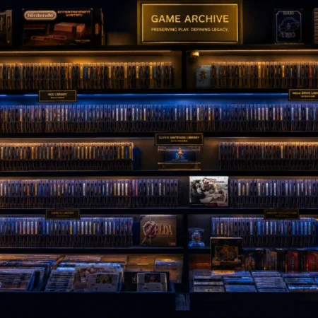 A fully stocked game archive shelf displaying NES, Super Nintendo, and Mega Drive game cartridge libraries with blue LED lighting and a sign reading "Game Archive – Preserving Play. Defining Legacy."