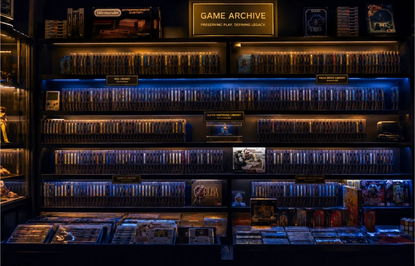A fully stocked game archive shelf displaying NES, Super Nintendo, and Mega Drive game cartridge libraries with blue LED lighting and a sign reading "Game Archive – Preserving Play. Defining Legacy."
