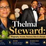 Thelma Steward biography and income breakdown featuring her portrait and a photo with husband David Steward at a formal event