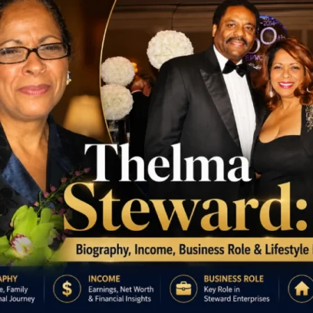 Thelma Steward biography and income breakdown featuring her portrait and a photo with husband David Steward at a formal event