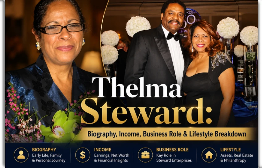 Thelma Steward biography and income breakdown featuring her portrait and a photo with husband David Steward at a formal event