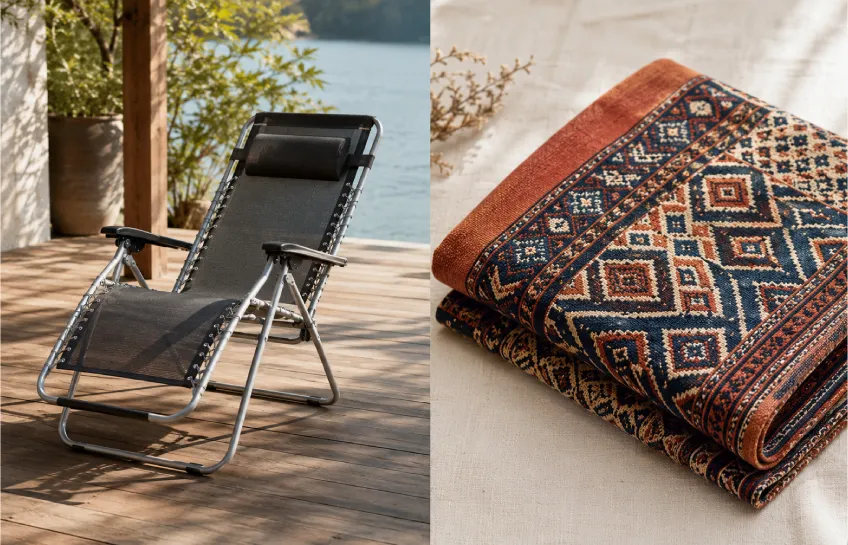 tumbons meaning — tumbon recliner chair and traditional handwoven textile garment side by side